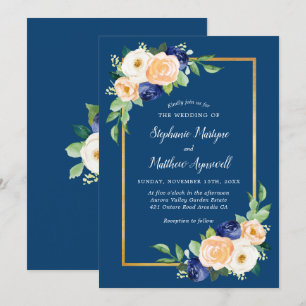 Invitation Marine bleu Moderne Floral Coral Mariage