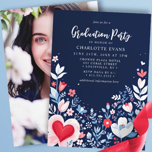 Invitation Marine bleu Moderne Floral Infirmière Coeur Gradua