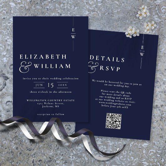 Invitation Marine bleu moderne Monogramme Mariage QR Code