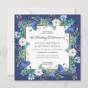 Invitation Marine bleu n or aquarelle Poppy Mariage floral