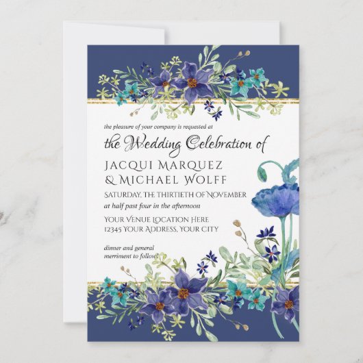 Invitation Marine bleu n or aquarelle Poppy Mariage floral (Devant)