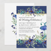 Invitation Marine bleu n or aquarelle Poppy Mariage floral (Devant / Derrière)