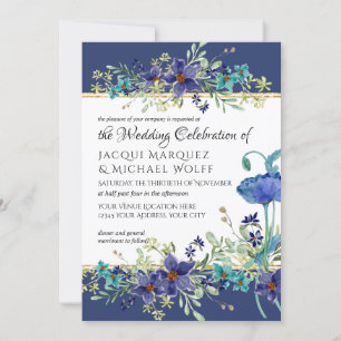 Invitation Marine bleu n or aquarelle Poppy Mariage floral