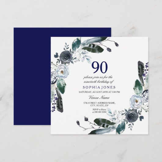 Invitation Marine Bleu noir blanc Floral 90e anniversaire Inv (Devant / Derrière)