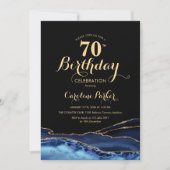 Invitation Marine Bleu Noir Or Agate Marbre 70e anniversaire (Devant)