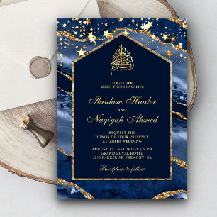 Invitation Marine Bleu Or Agate Marbre Arche Mariage musulman