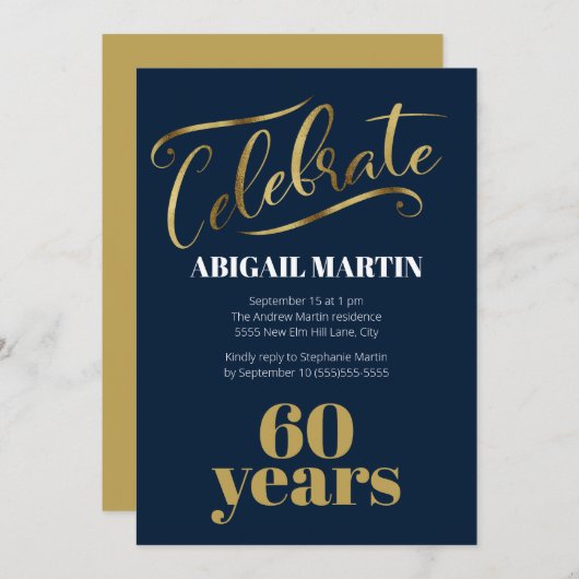 Invitation Marine Bleu Or Blanc 60e fête d'anniversaire (Devant / Derrière)