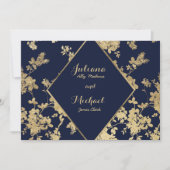 Invitation Marine bleu or dentelle florale luxe RSVP Invitati (Devant)