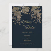 Invitation Marine bleu or dentelle luxe floral Enregistrer la (Devant)