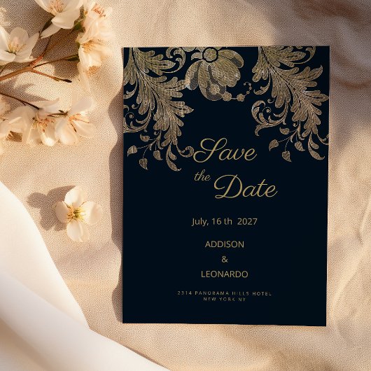 Invitation Marine bleu or dentelle luxe floral Enregistrer la