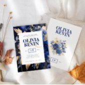 Invitation Marine bleu & or élégante aquarelle fleur mariage