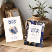 Invitation Marine bleu & or élégante aquarelle fleur mariage