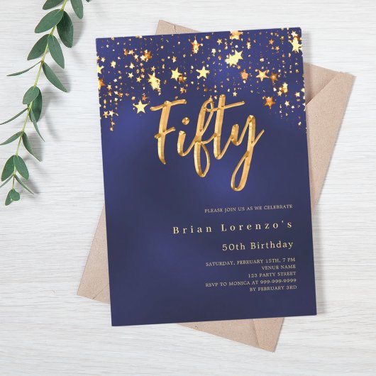 Invitation Marine bleu or étoiles luxe 50e anniversaire