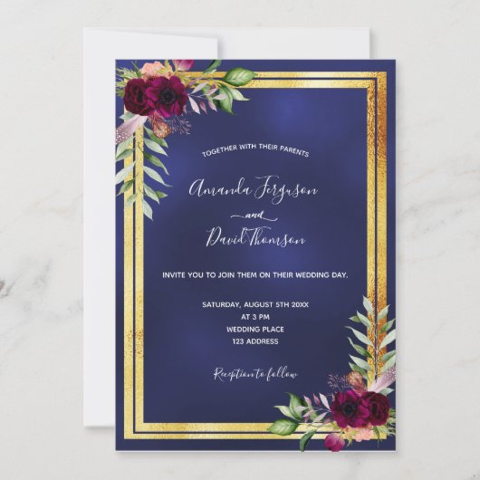 Invitation Marine bleu or floral bordeaux mariage (Devant)