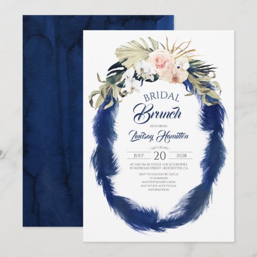 Invitation Marine Bleu Pampas Grass Tropical Bridal Brunch (Devant / Derrière)