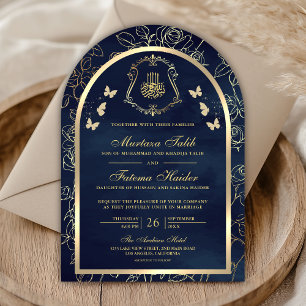 Invitation Marine Bleu Papillon d'or Arc Mariage musulman