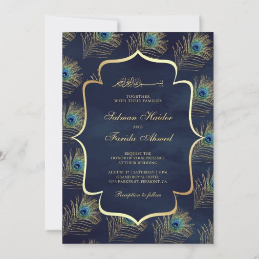 Invitation Marine bleu Peacock Feathers Mariage musulman (Devant)