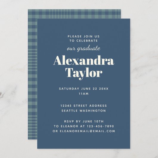 Invitation Marine Bleu Plaid Masculine Man Graduation Party (Devant / Derrière)
