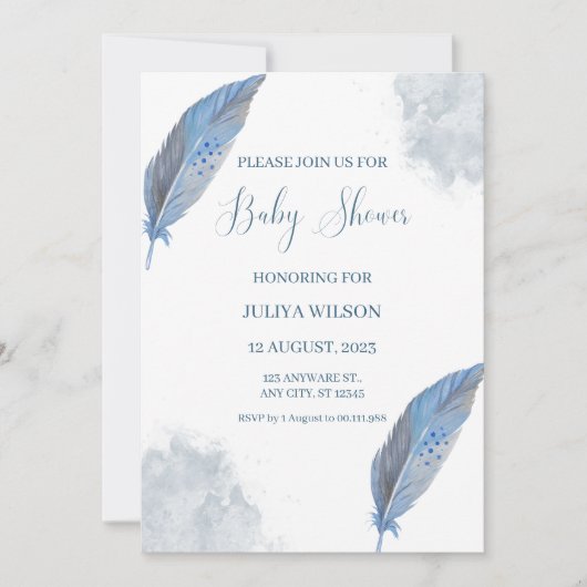 Invitation Marine bleu plumes simple garçon baby shower (Devant)