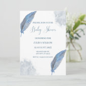 Invitation Marine bleu plumes simple garçon baby shower (Debout devant)