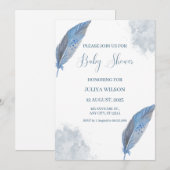 Invitation Marine bleu plumes simple garçon baby shower (Devant / Derrière)