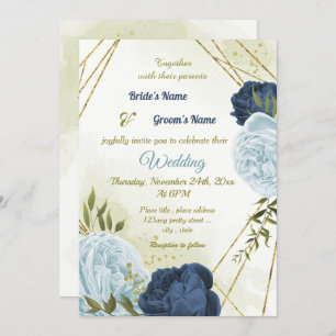 Invitation marine bleu poussiéreux fleurs vert feuille mariag