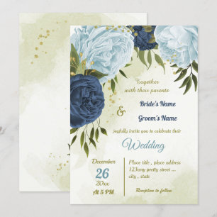 Invitation marine bleu poussiéreux fleurs vert feuille mariag
