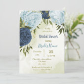 Invitation marine bleu poussiéreux fleurs vert feuille nuptia (Debout devant)