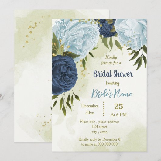 Invitation marine bleu poussiéreux fleurs vert feuille nuptia (Devant / Derrière)