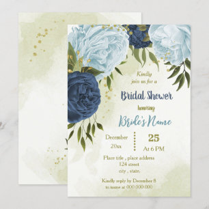 Invitation marine bleu poussiéreux fleurs vert feuille nuptia
