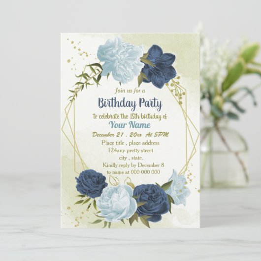 Invitation marine bleu poussiéreux fleurs vert feuilles anniv (Debout devant)