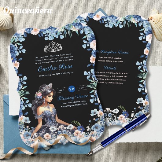 Invitation Marine bleu Quinceanera robe Roses floraux