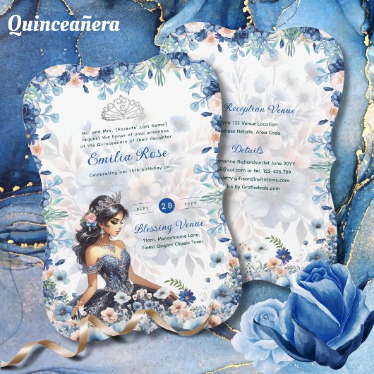 Invitation Marine bleu Quinceanera robe Roses floraux