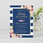 Invitation Marine Bleu rayures rose Floral Classal Baby showe (Debout devant)