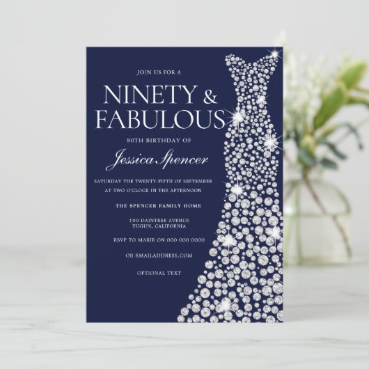 Invitation Marine Bleu Robe Blanche 90e Fabuleuse fête d'anni (Debout devant)