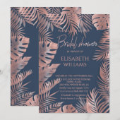 Invitation Marine bleu rose feuille d'or tropical feuilles ro (Devant / Derrière)