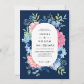 Invitation Marine bleu rose fleurs aquarelle Mariage floral (Devant)