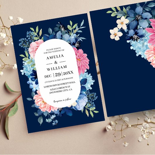 Invitation Marine bleu rose fleurs aquarelle Mariage floral