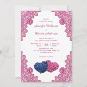 Invitation Marine bleu rose floral dentelle Hydrangea Mariage (Devant)