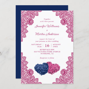 Invitation Marine bleu rose floral dentelle Hydrangea Mariage