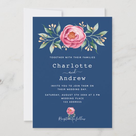 Invitation Marine bleu rose floral élégant mariage (Devant)