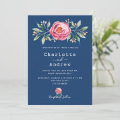 Invitation Marine bleu rose floral élégant mariage (Debout devant)