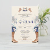Invitation Marine bleu rose Floral Ouest Charro Quinceanera (Debout devant)