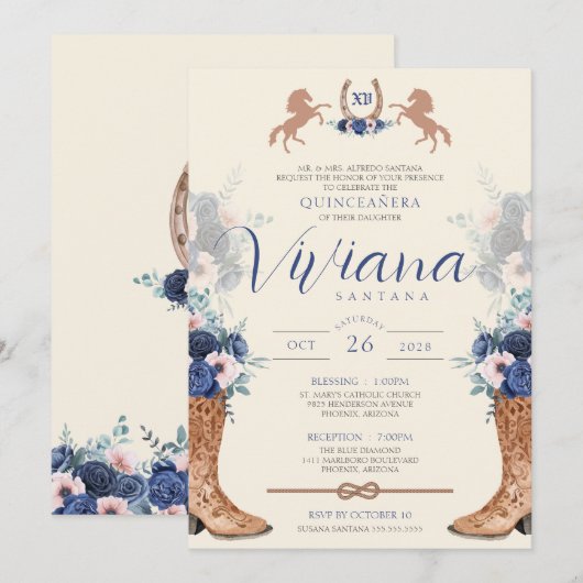 Invitation Marine bleu rose Floral Ouest Charro Quinceanera (Devant / Derrière)