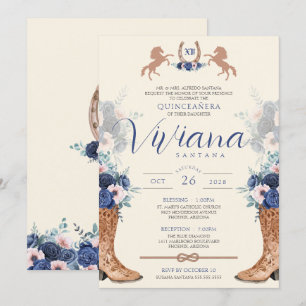 Invitation Marine bleu rose Floral Ouest Charro Quinceanera