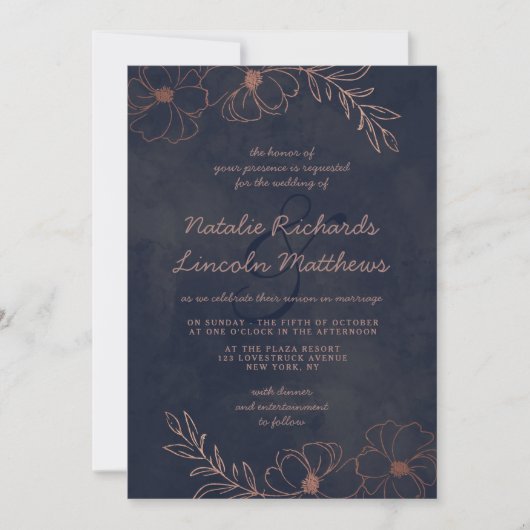 Invitation Marine Bleu & Rose Gold Foil Floral Mariage fronti (Devant)