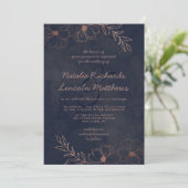 Invitation Marine Bleu & Rose Gold Foil Floral Mariage fronti (Debout devant)