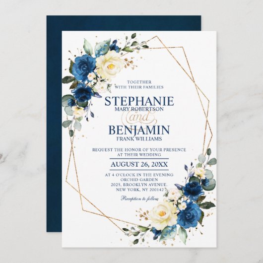 Invitation Marine bleu rose jaune Boho Mariage géométrique In (Devant / Derrière)