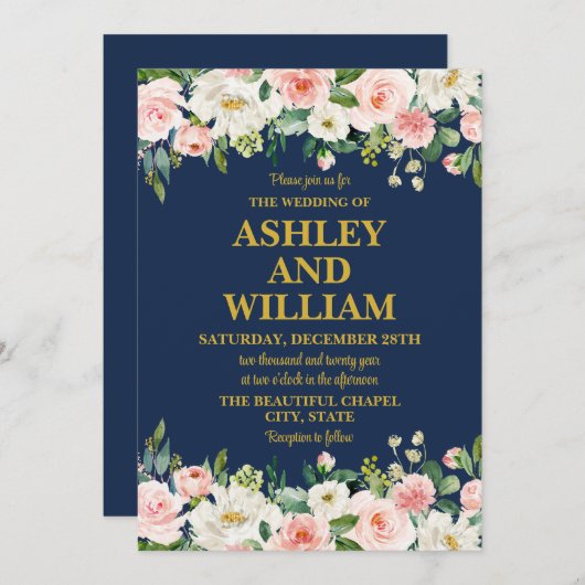 Invitation Marine bleu rose or Boho Bohème Bohème Mariage de  (Devant / Derrière)