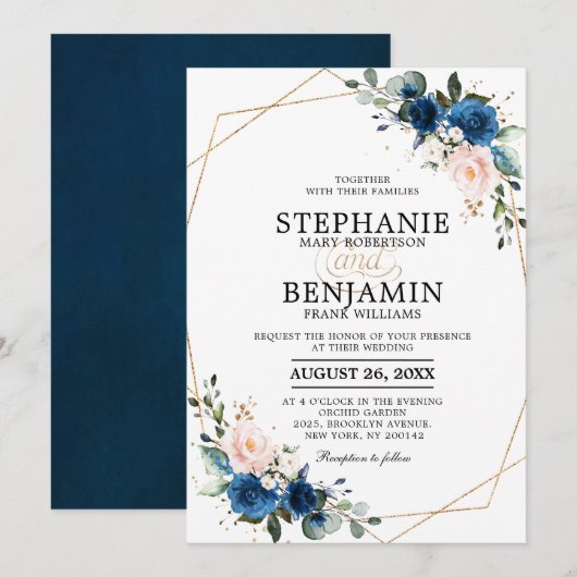 Invitation Marine bleu rose rose rose rose Boho Mariage géomé (Devant / Derrière)